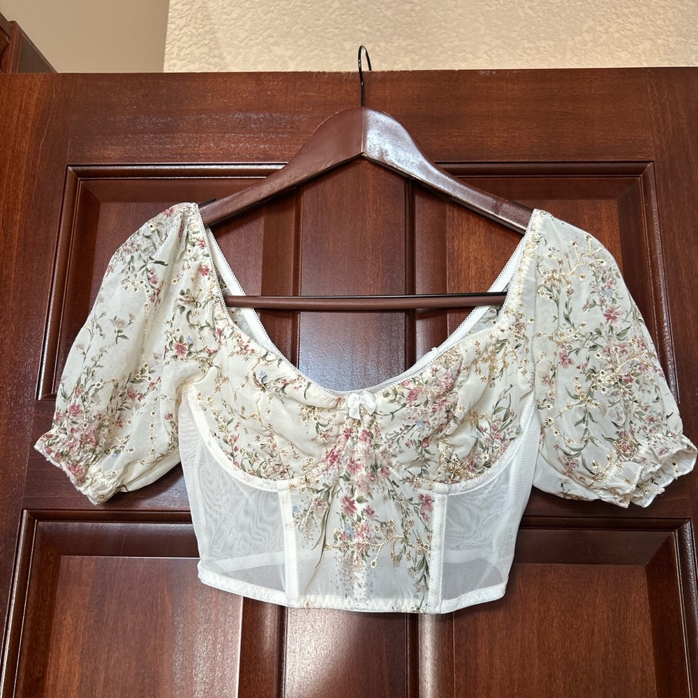 Cottagecore Floral Corset Crop Top Puff Sleeve Romantic Sheer Small